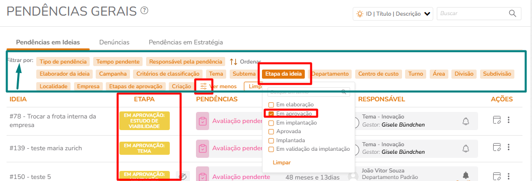 Página Pendências Gerais com filtros