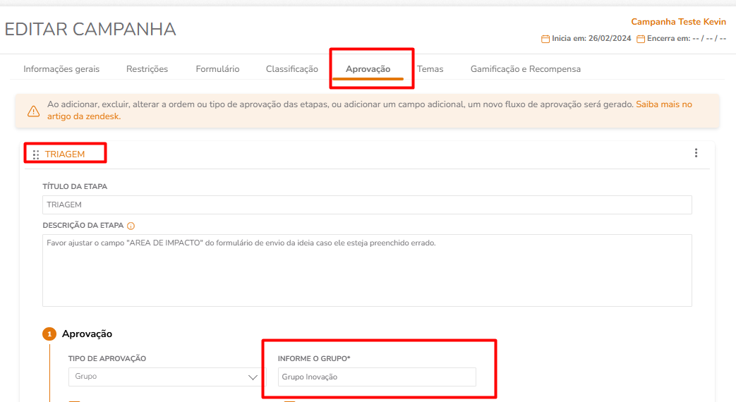 Edição da etapa mostrando o grupo selecionado