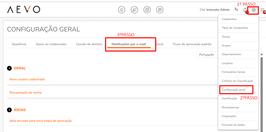 Caminho para Notificações por E-mail