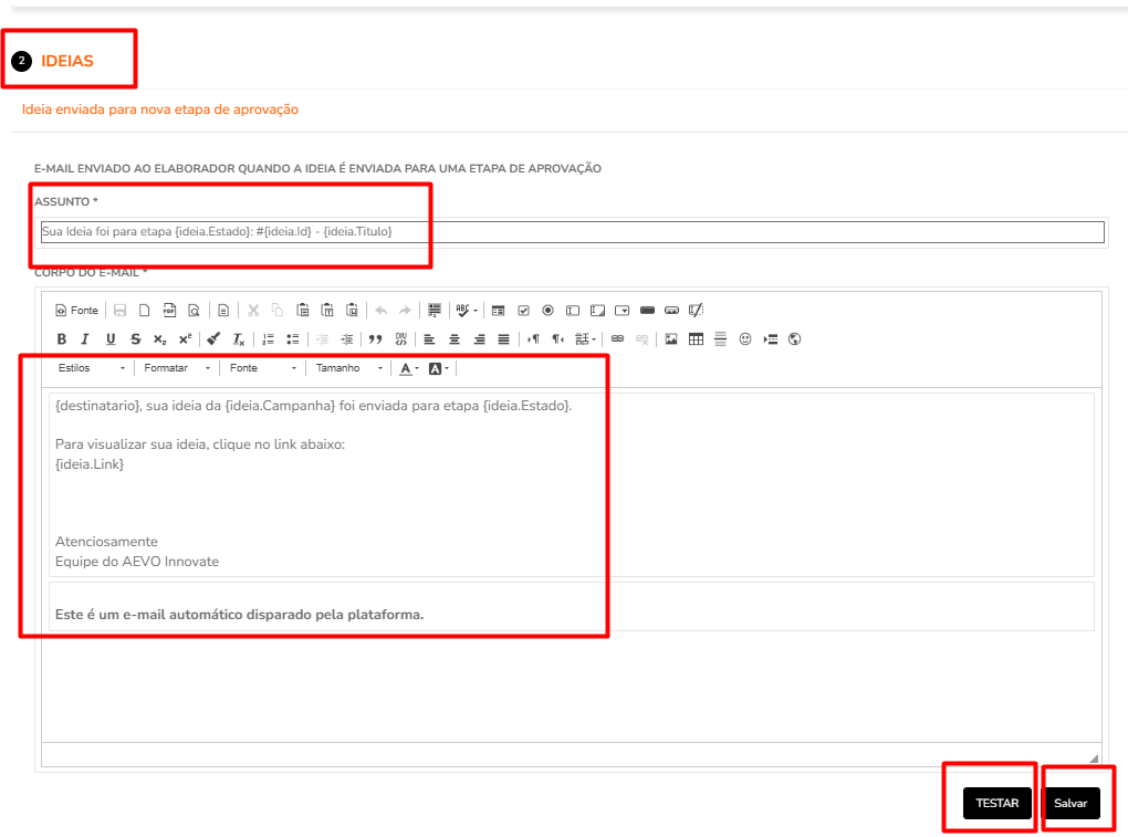 Exemplo de modelo de e-mail editável