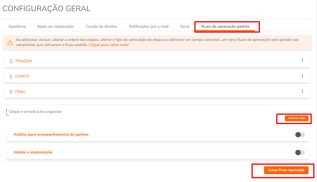 Tela de configuração do Fluxo de Aprovação Padrão