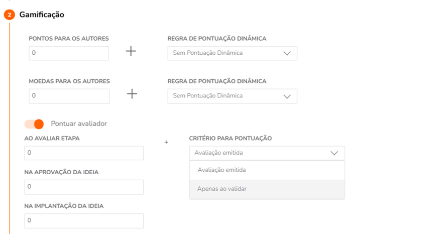 Configuração de gamificação por etapa