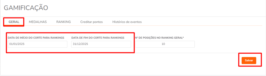 Campo para definir data de corte no Gamificação - Aba Geral