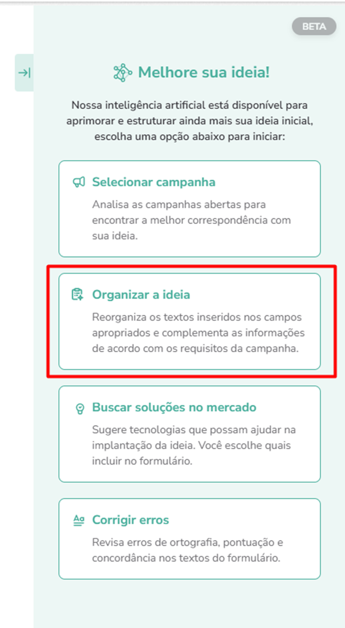 Organizar a ideia - sugestões por campo