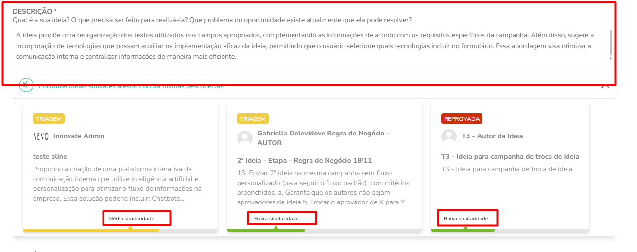 Exemplo de exibição de ideias similares