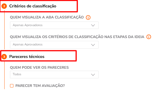 Configuração de visibilidade de critérios e pareceres