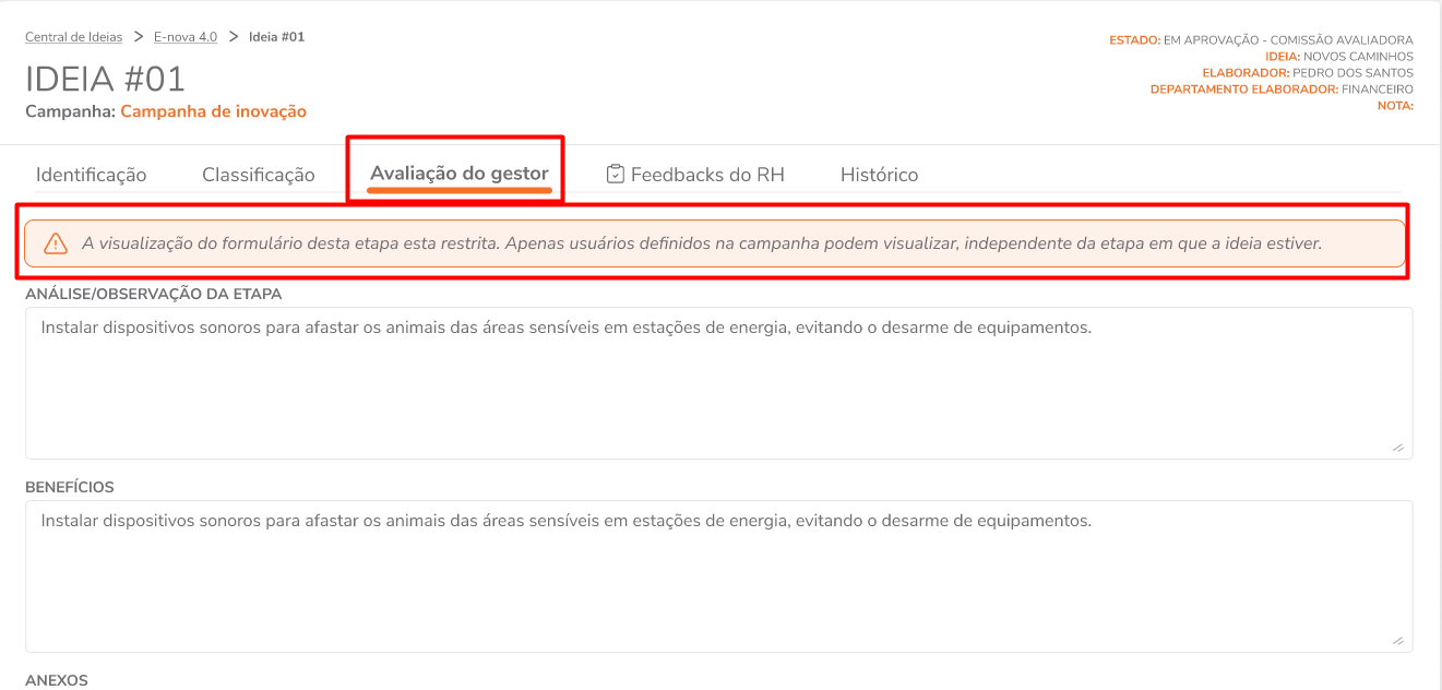 Formulário visível para usuário com permissão