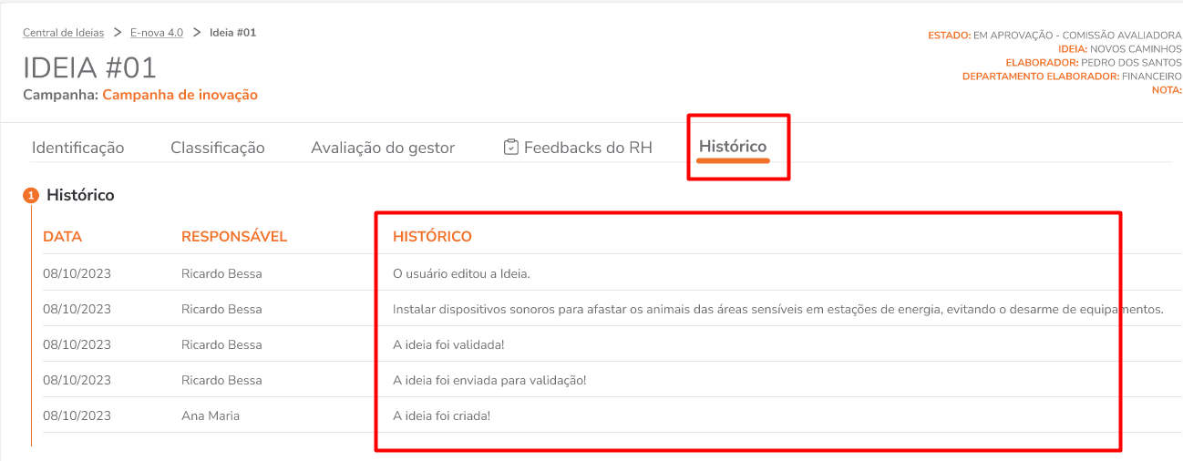 Histórico acessível para usuário com permissão