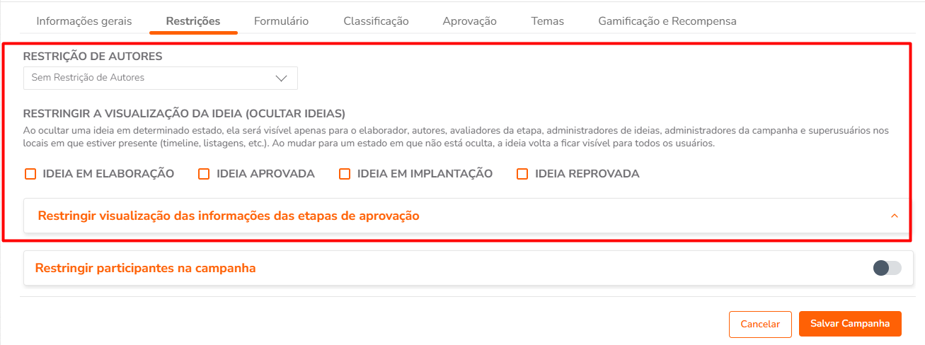 Painel de restrições da campanha