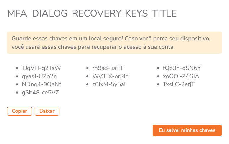 Chaves de recuperação exibidas pelo AEVO