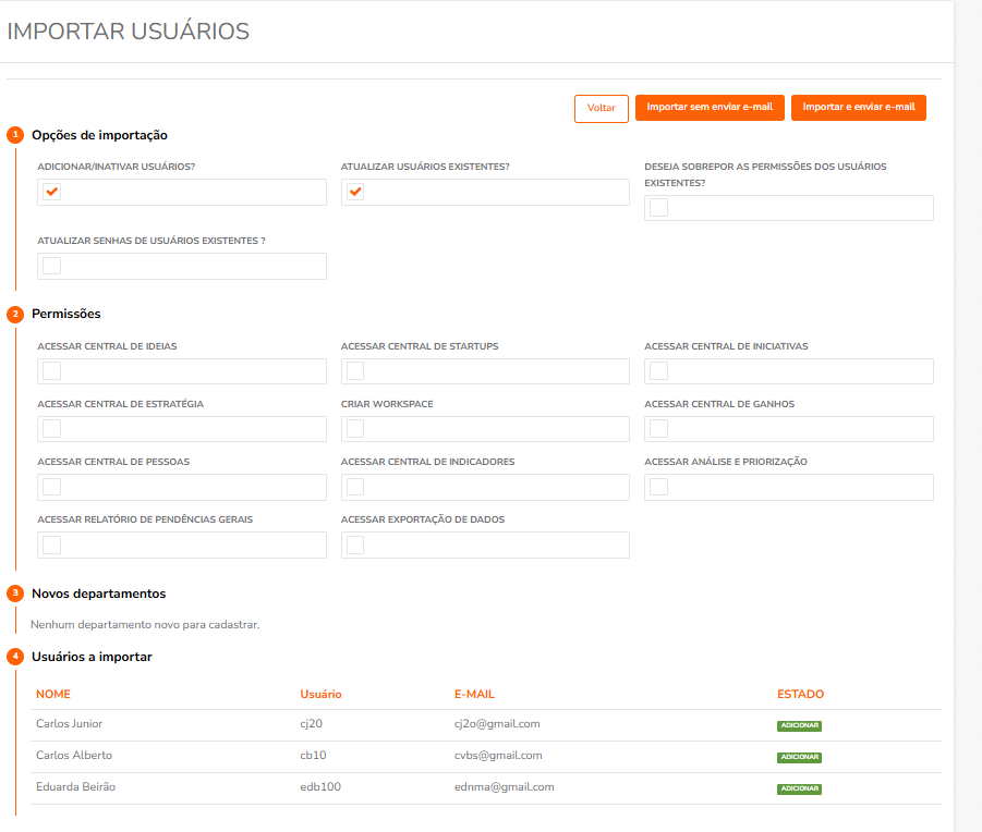 Tela de confirmação exibindo departamentos e colaboradores a serem atualizados