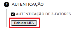Botão Reiniciar MFA no perfil do usuário