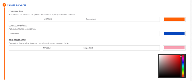 Tela de configuração da paleta de cores
