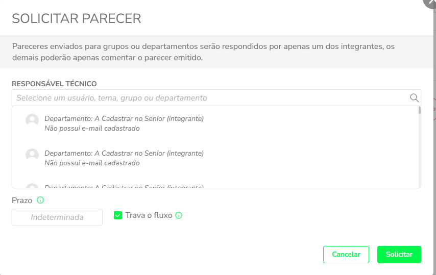 Opção Solicitar preenchimento de critérios no parecer