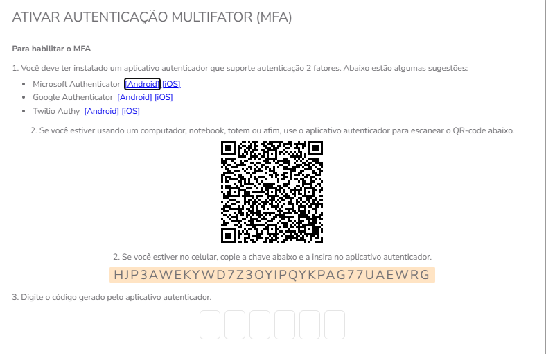 Modal de configuração da MFA