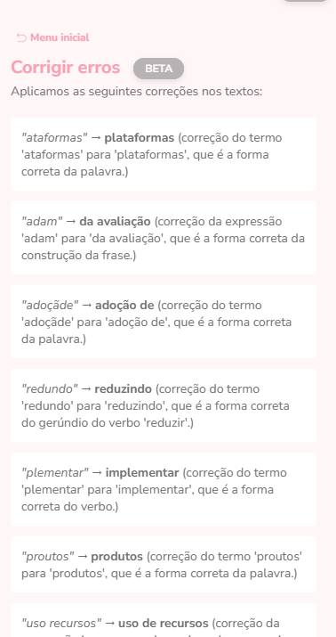 Correção de erros - lista de alterações