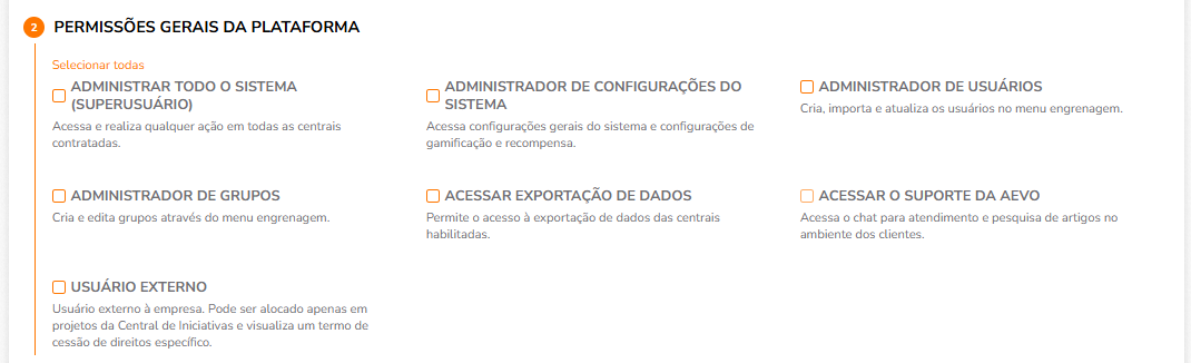 Painel Permissões Gerais da Plataforma