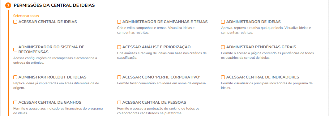 Permissões da Central de Ideias