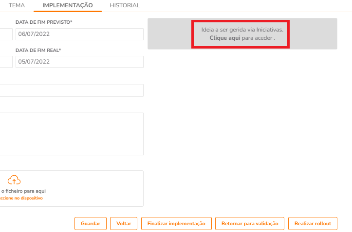 Vínculo entre ideia e projeto/tarefa exibido na ideia