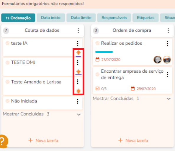 Card de tarefa indicando vínculo com ideia e link para a Central de Ideias