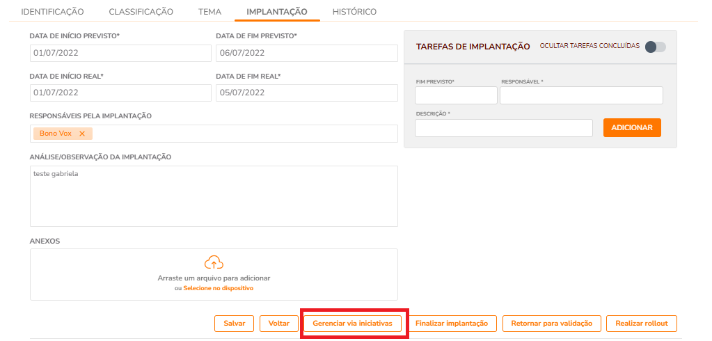 Botão Gerenciar via Iniciativas disponível na ideia em Em Implantação