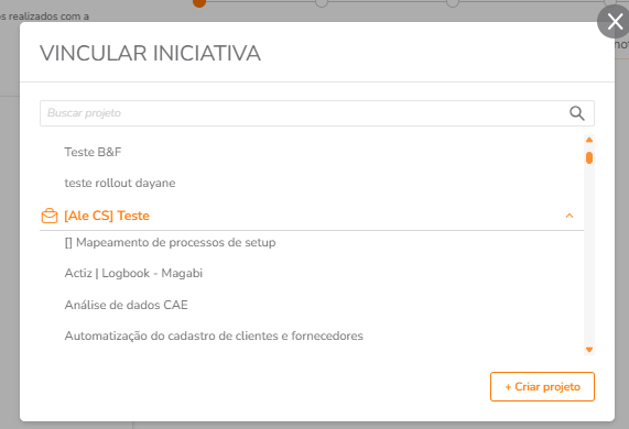 Seleção de portfólio ao vincular startup a projeto