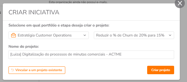 Opção + Criar projeto no modal da startup