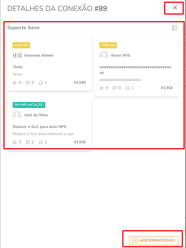 Modal exibindo as ideias conectadas após clicar em Conectar