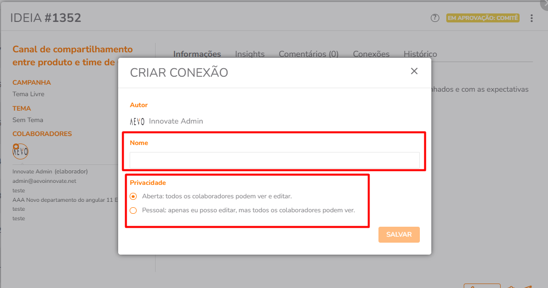 Tela de criação de Conexão com opções de privacidade