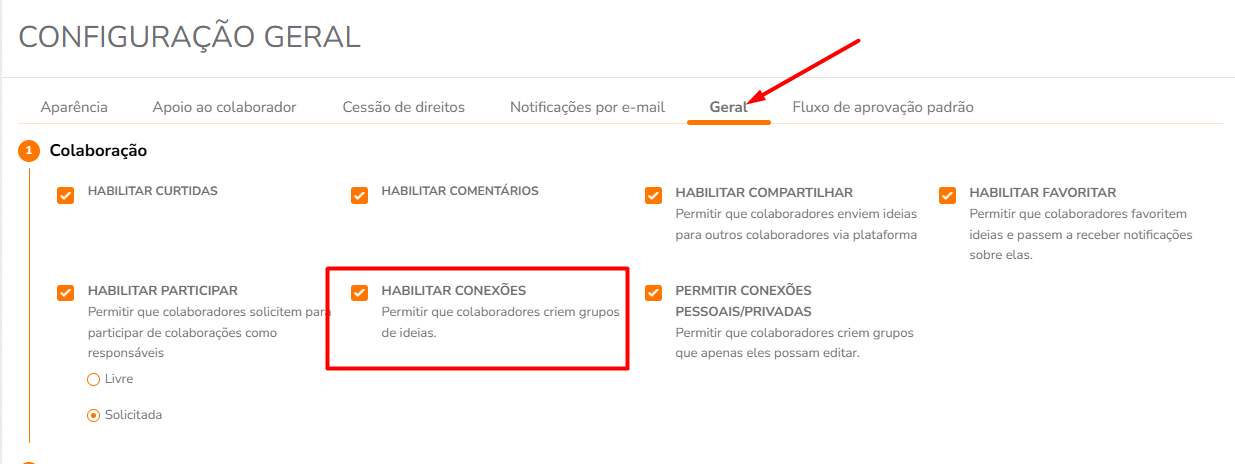 Configuração para ativar Conexões em Configurações Gerais