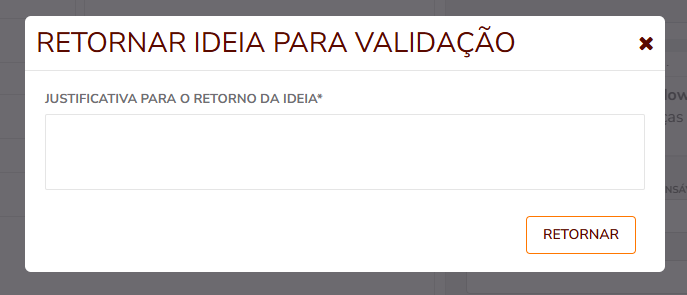 Pop-up solicitando justificativa para retornar a ideia