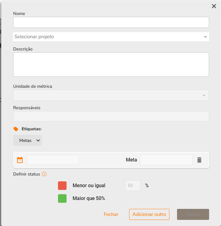 Modal de criação de KPI com campos