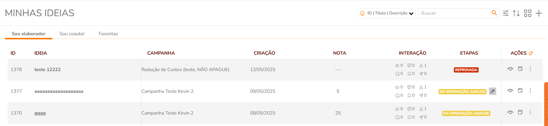 Exemplo da aba Sou elaborador