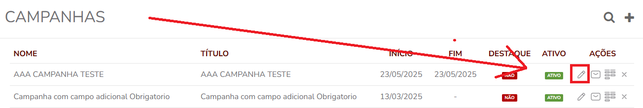 Ícone de lápis para editar a campanha