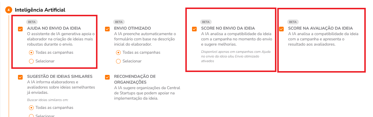 Opções de Inteligência Artificial na aba Geral