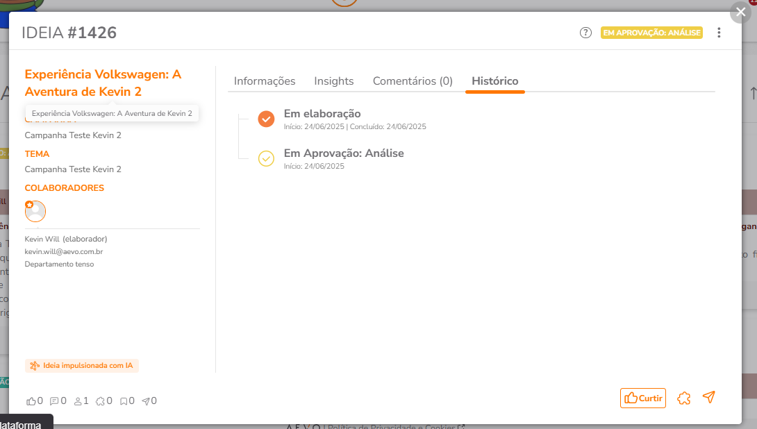 Histórico do modal com informações de mudança de etapa, sem dados de aprovação