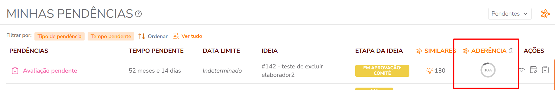Score exibido na listagem de ideias