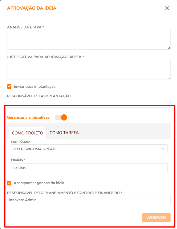 Modal de aprovação e flag enviar para implantação