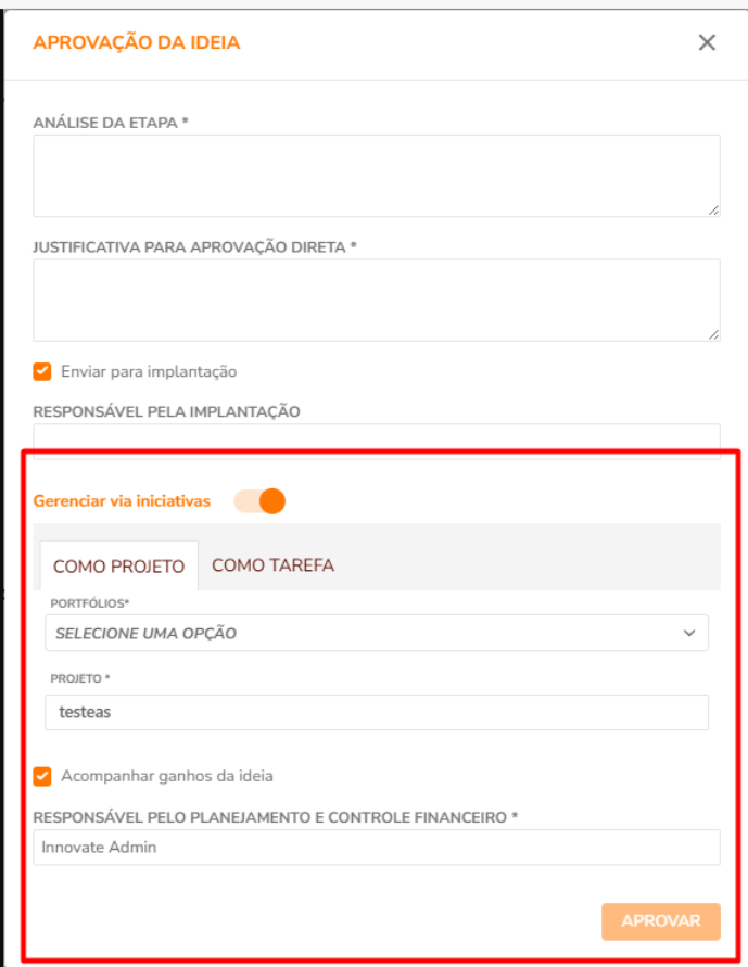 Modal de aprovação direta e opção enviar para implantação