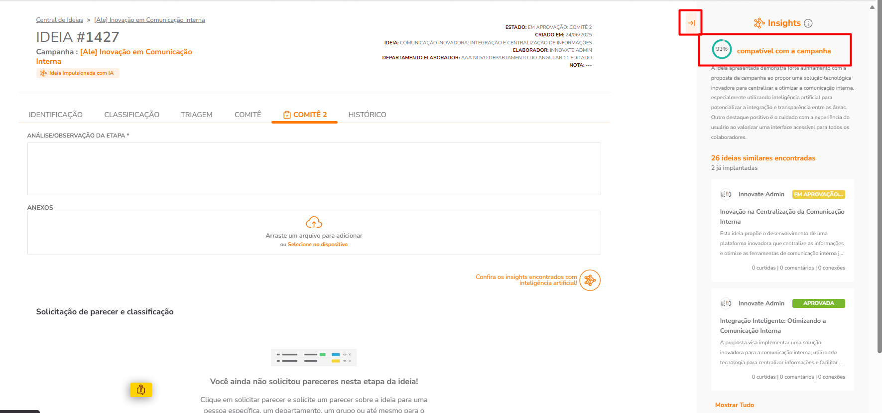 Componente de avaliação por IA na tela de avaliação
