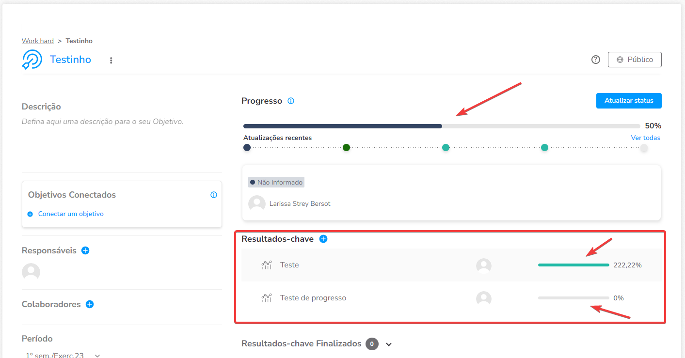 Criação de novo resultado-chave alterando a barra de progresso